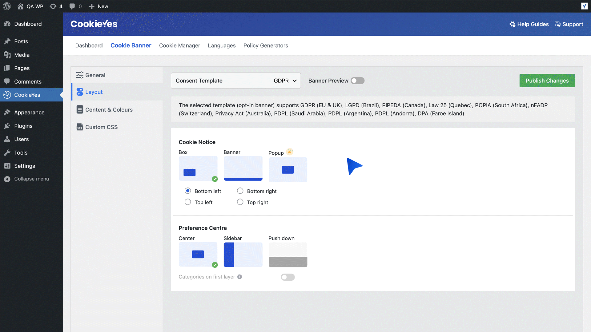 Layout tab in WordPress
