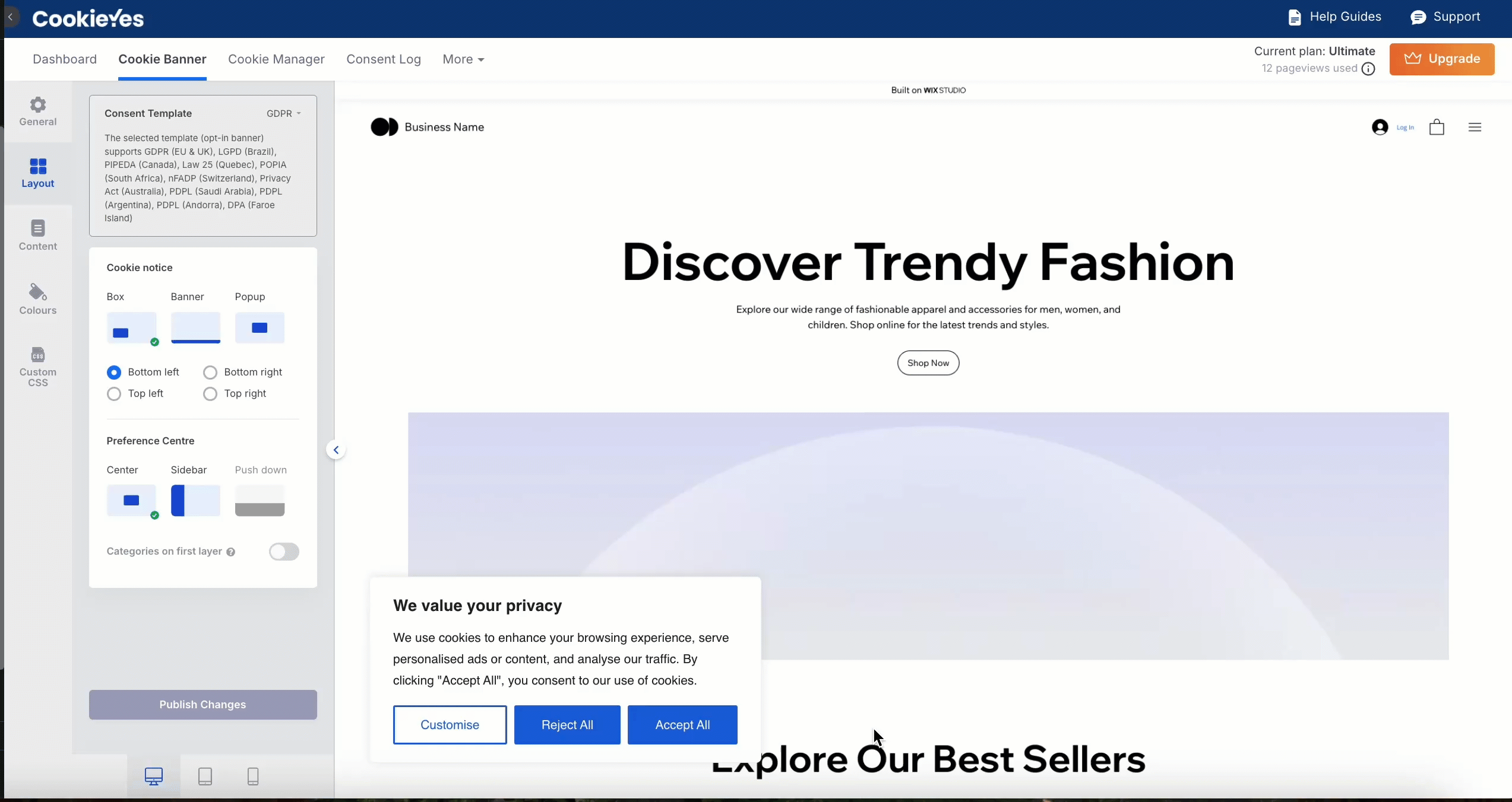 Cookie notice with box layout