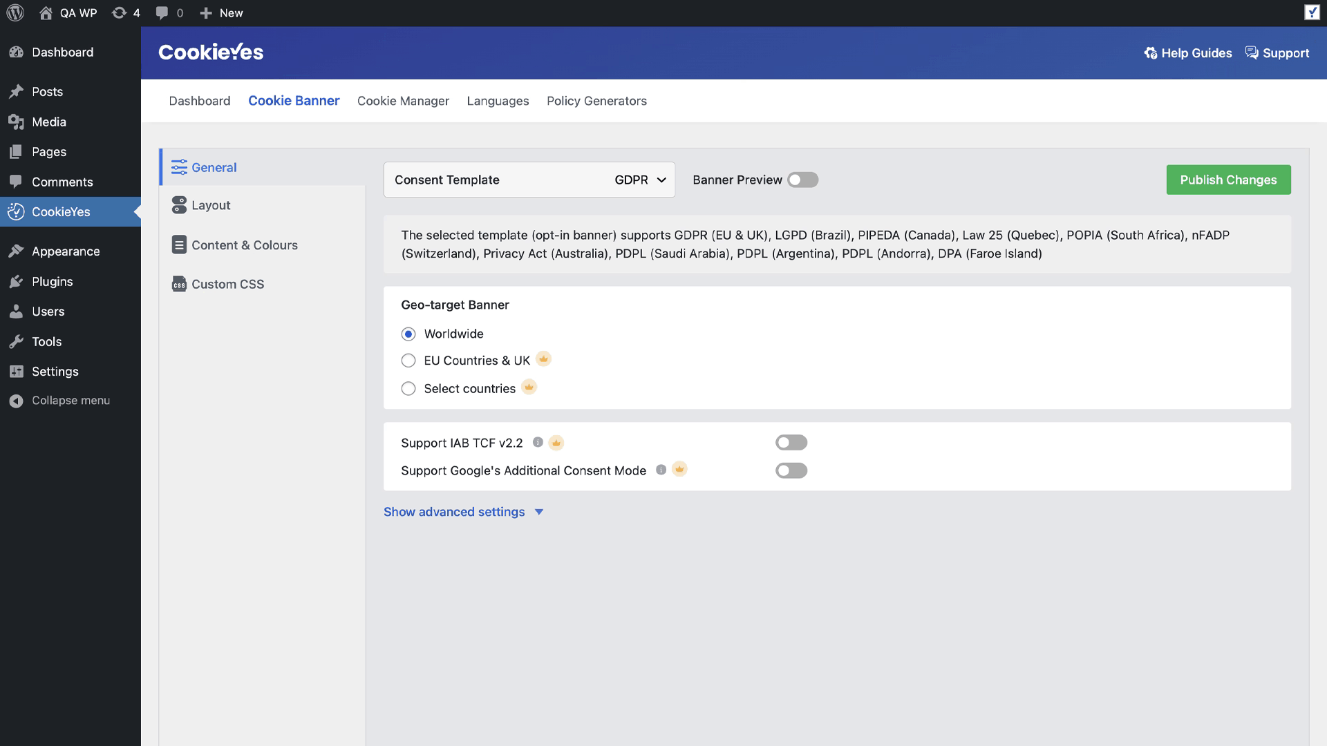 General tab in wordpress