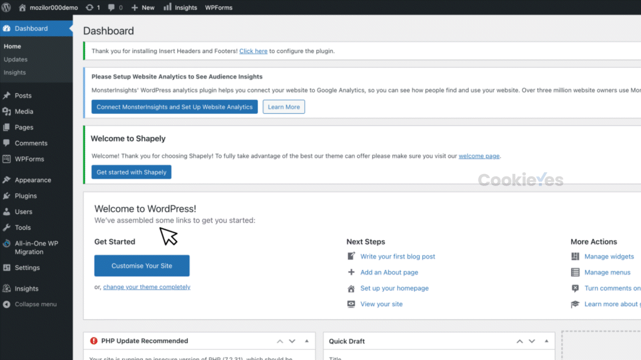 Step 1 cookie banner installation on wordpress
