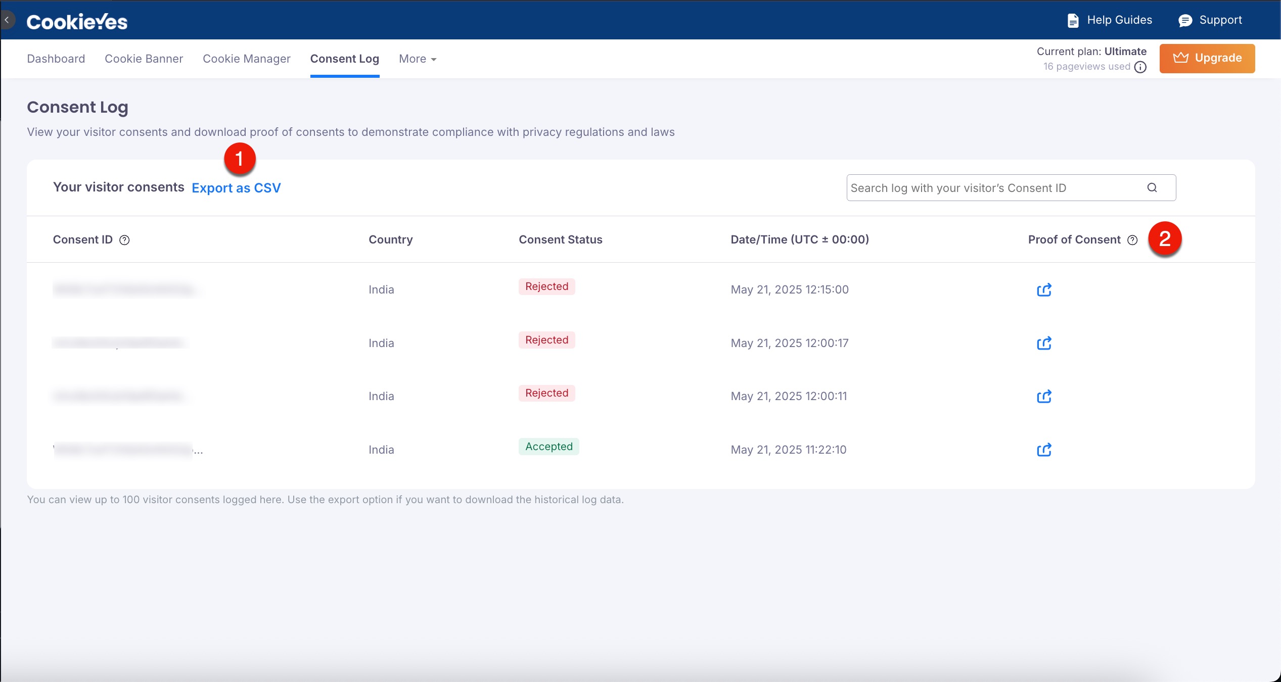 Consent Log tab in CookieYes