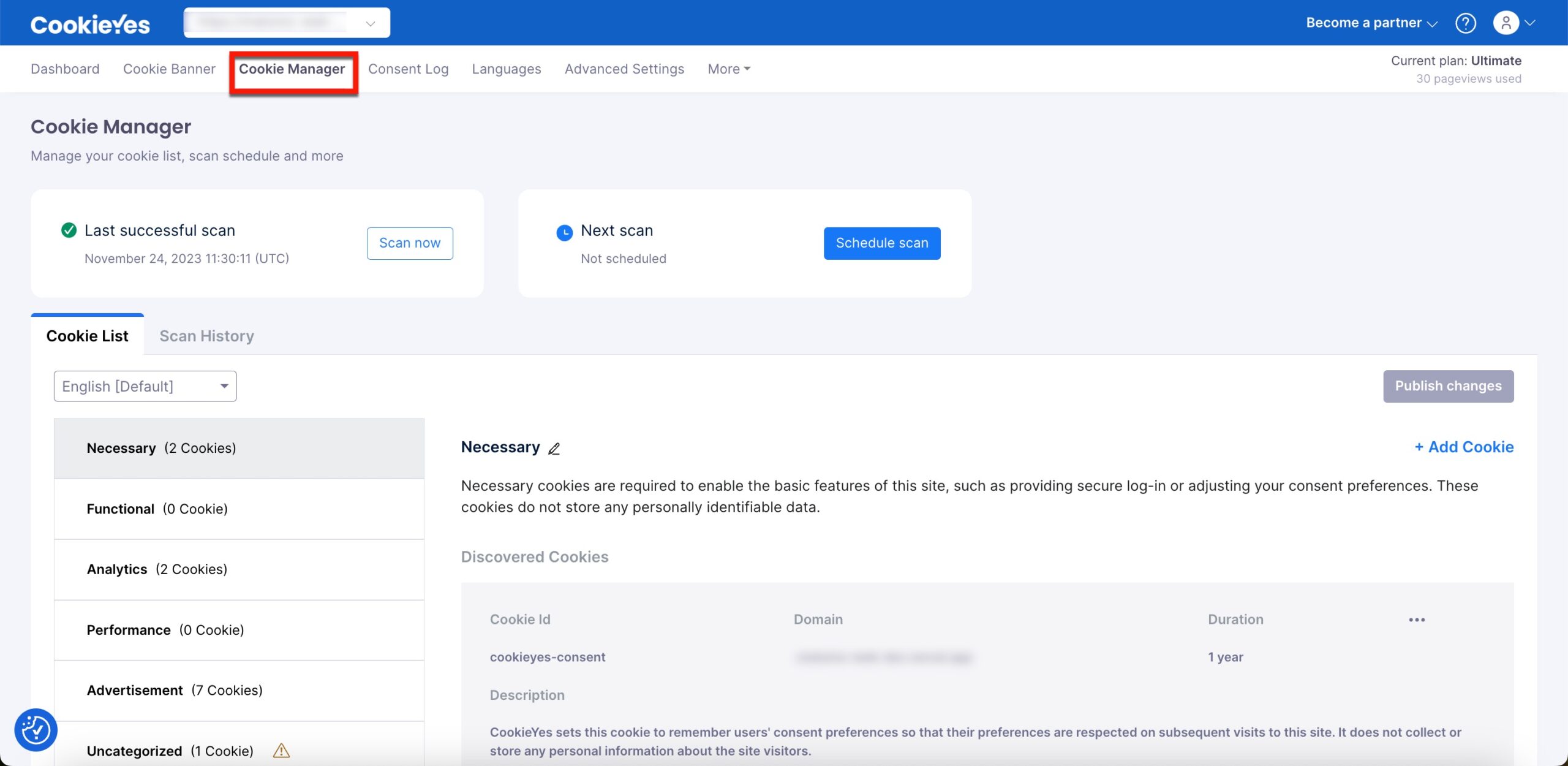 Cookie Manager tab on Webapp