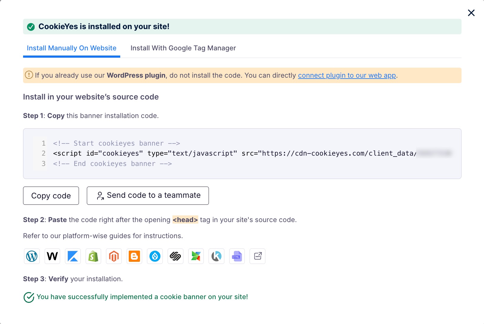 Cookieyes setup screen