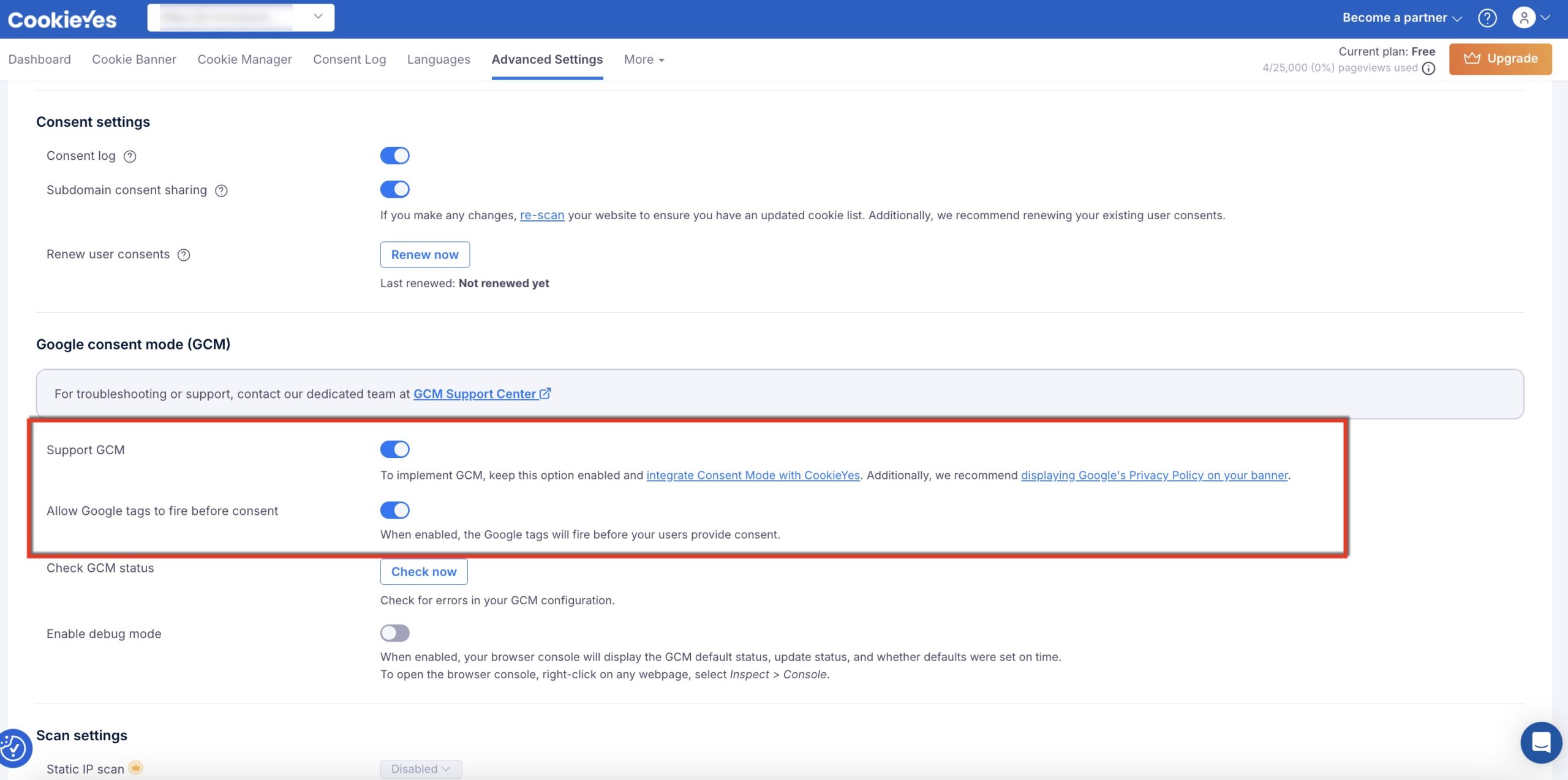Google Consent Mode in CookieYes WebApp