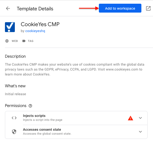 add cookieyes template to tag manager workspace
