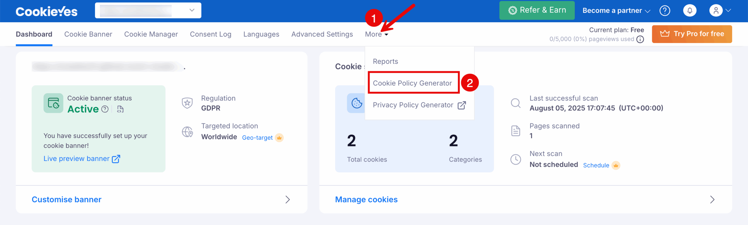 Dashboard: Cookie Policy Generator