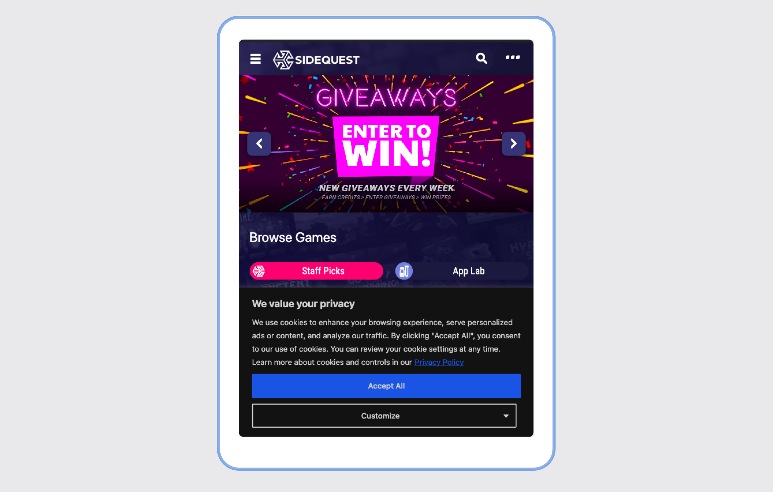 GDPR cookie consent banner in tab view