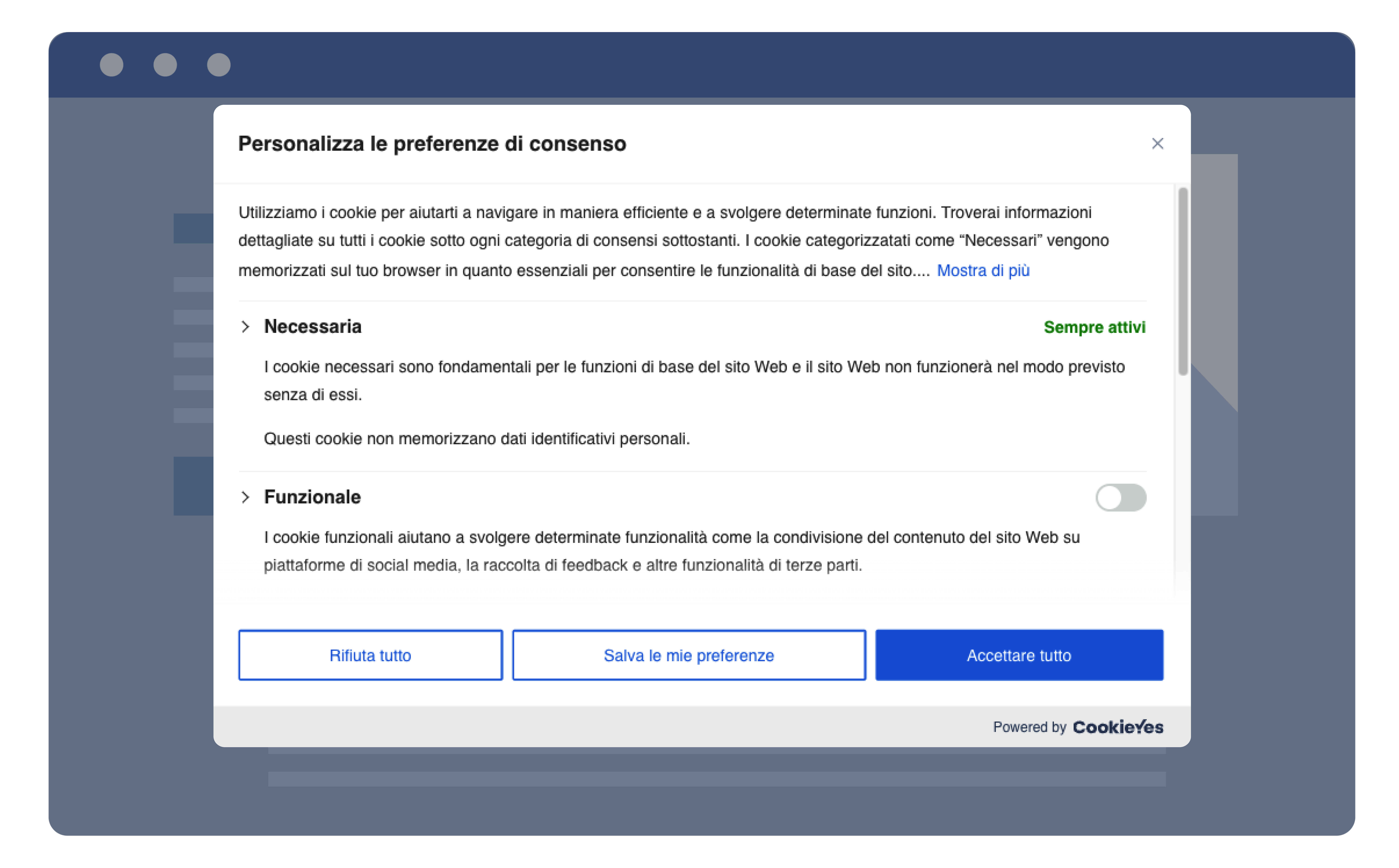 Banner per il consenso ai cookie 'Centro preferenze'