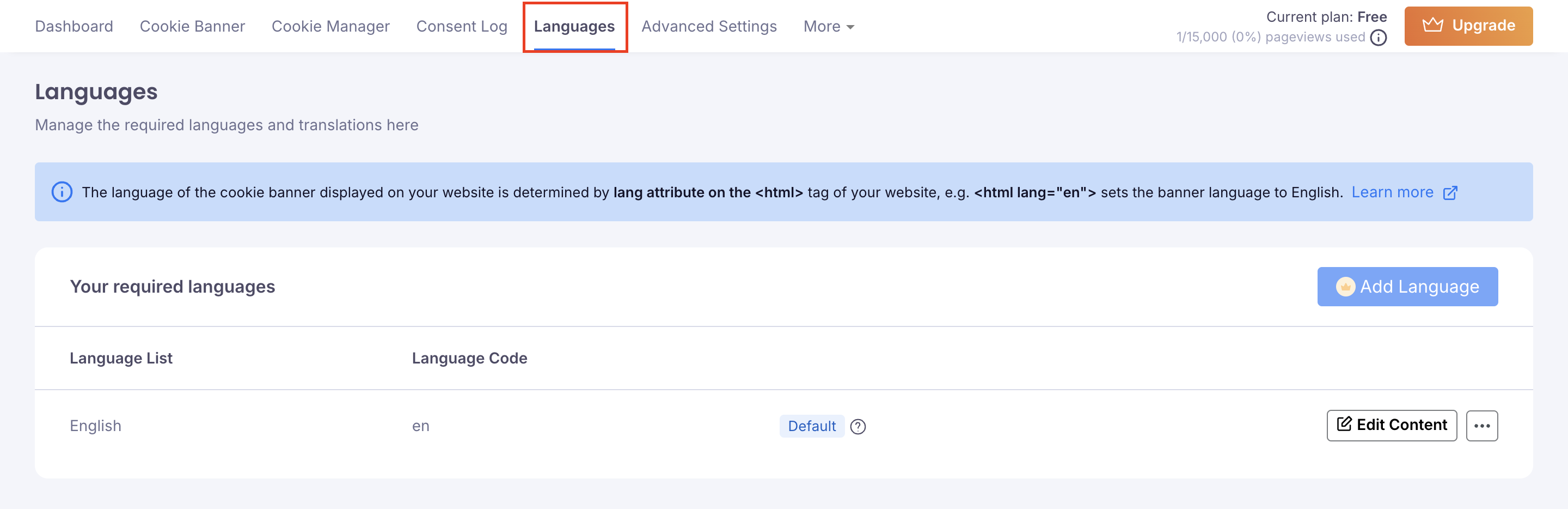 language tab on webapp