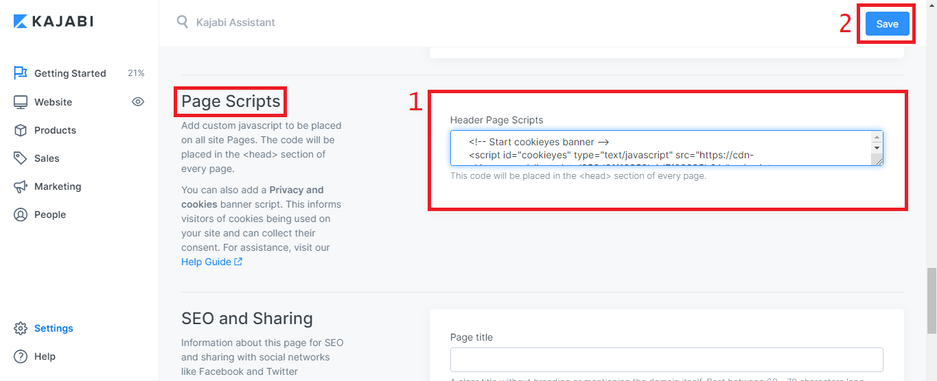 pasting cookie banner code on kajabi