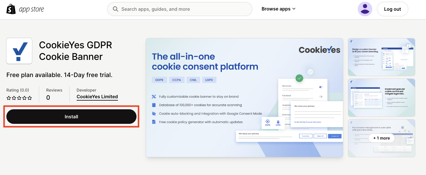 shopify cookie banner app page