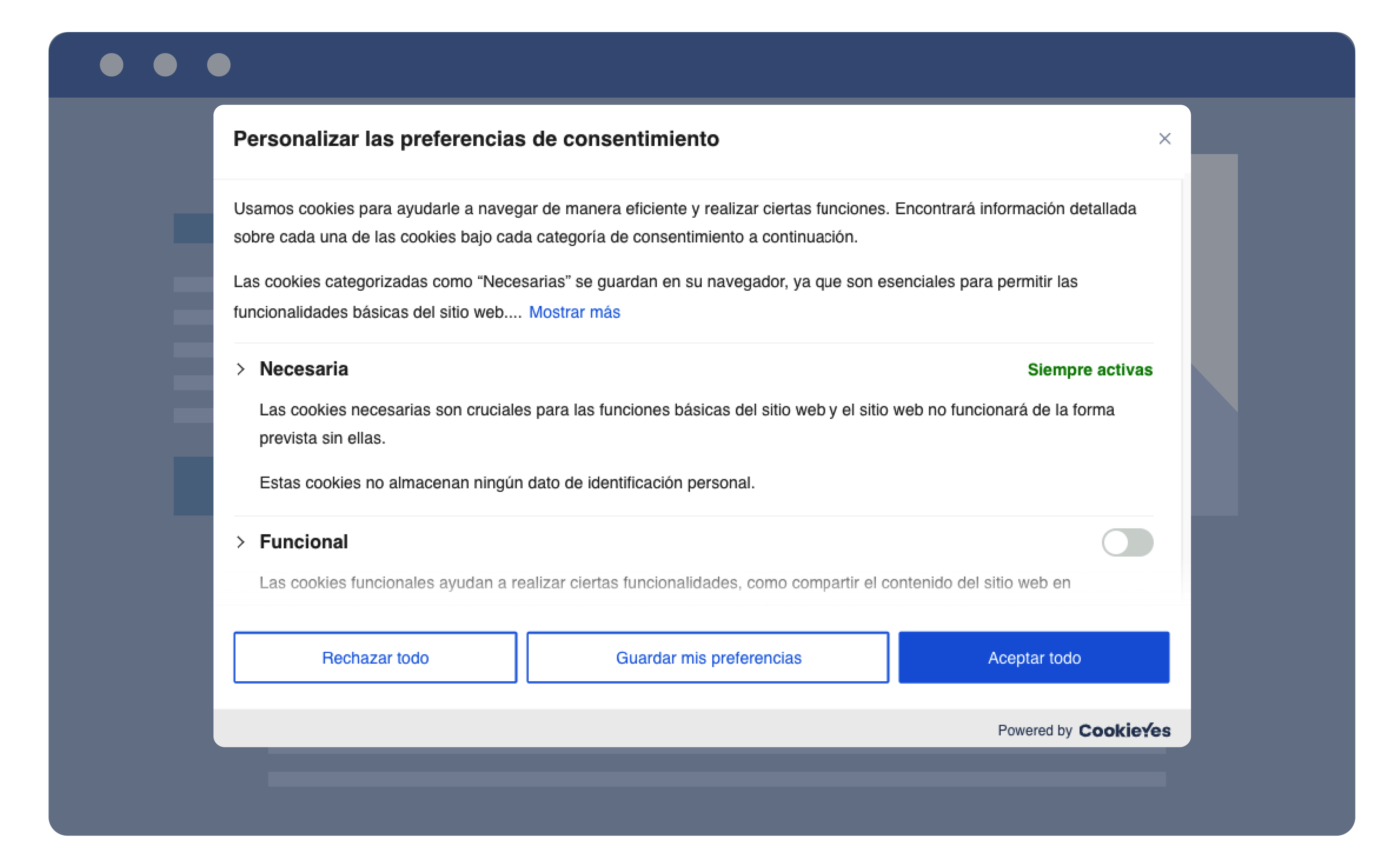 Banner de consentimiento de cookies - 'Centro de preferencias'