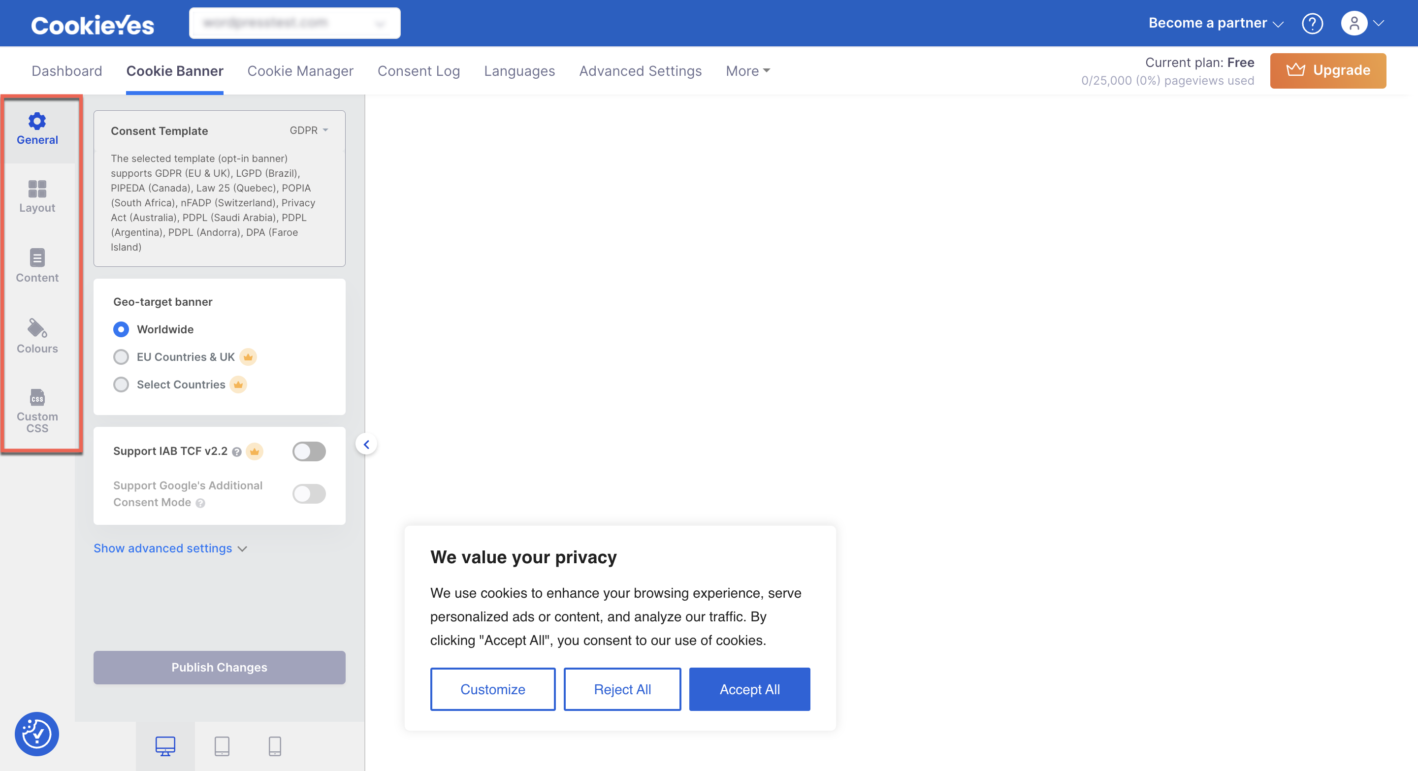 Cookie banner tab on webapp